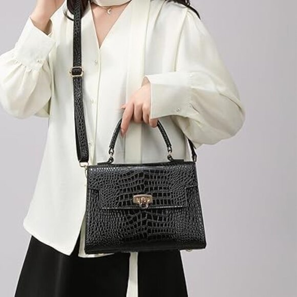Neiman Marcus Black Crocodile Pattern Top Handle Bag with Gold Hardware - Picture 1 of 3
